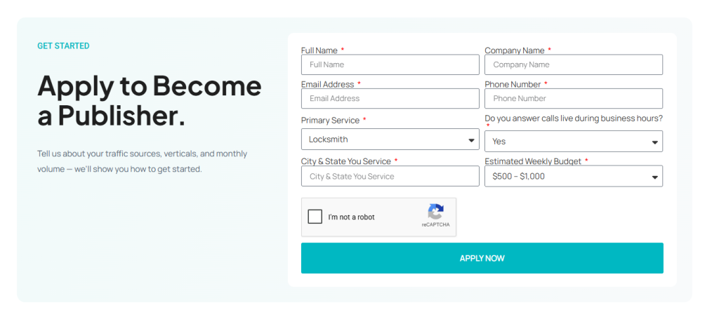 Pay Per Call publisher application form on Exclusive Live Calls