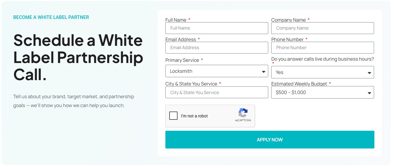 Exclusive Live Calls White Label partner application form with business details and Apply Now button