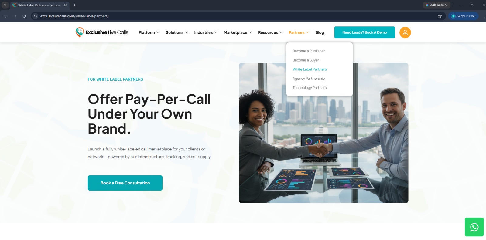 Exclusive Live Calls White Label Partners page with Book a Free Consultation button