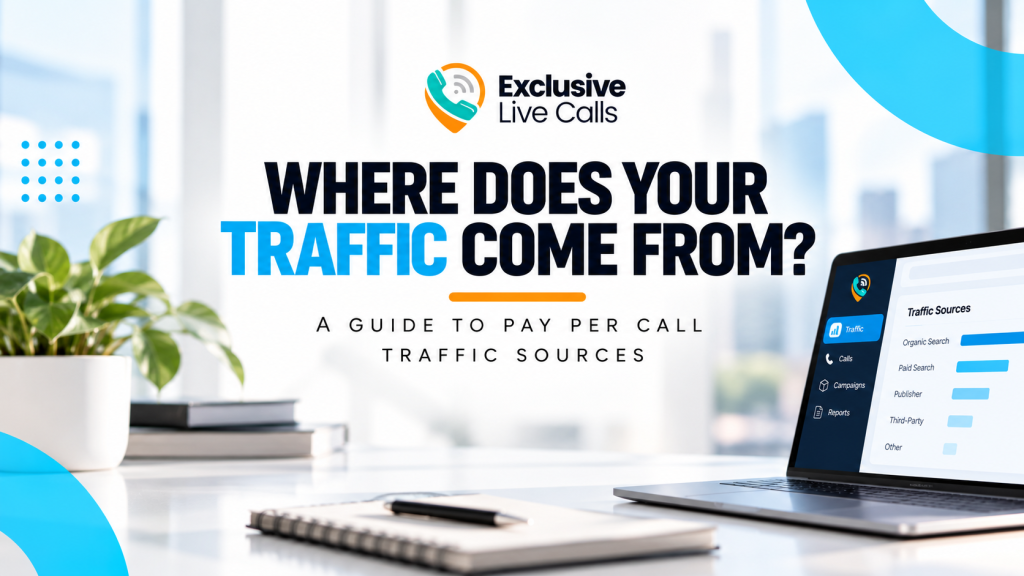 Pay Per Call traffic sources and call performance analytics displayed on a laptop at Exclusive Live Calls.